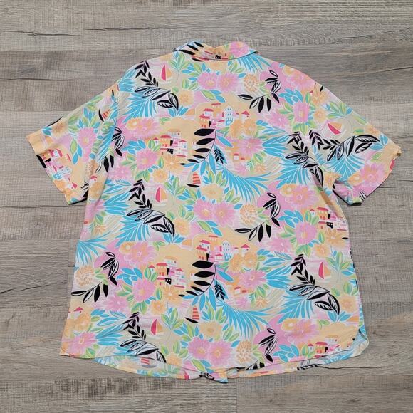 Cascade Blues Linen Hawaiian Button Up Shirt 1X Tropical Colorful Bright Floral - Picture 2 of 6